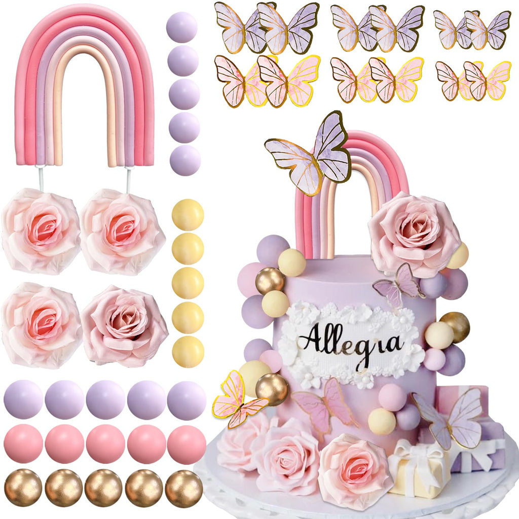 52-Piece Rainbow Cake Topper Set with Butterflies, Balls & Flowers – SONICEBUY Party Decorations