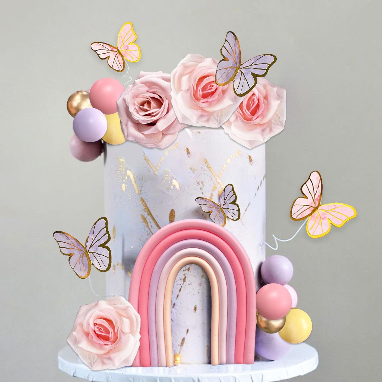 52-Piece Rainbow Cake Topper Set with Butterflies, Balls & Flowers – SONICEBUY Party Decorations