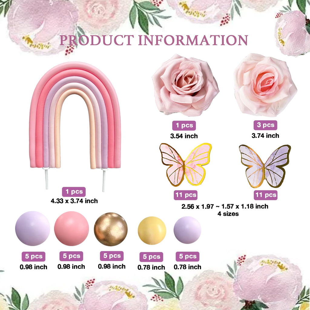 52-Piece Rainbow Cake Topper Set with Butterflies, Balls & Flowers – SONICEBUY Party Decorations