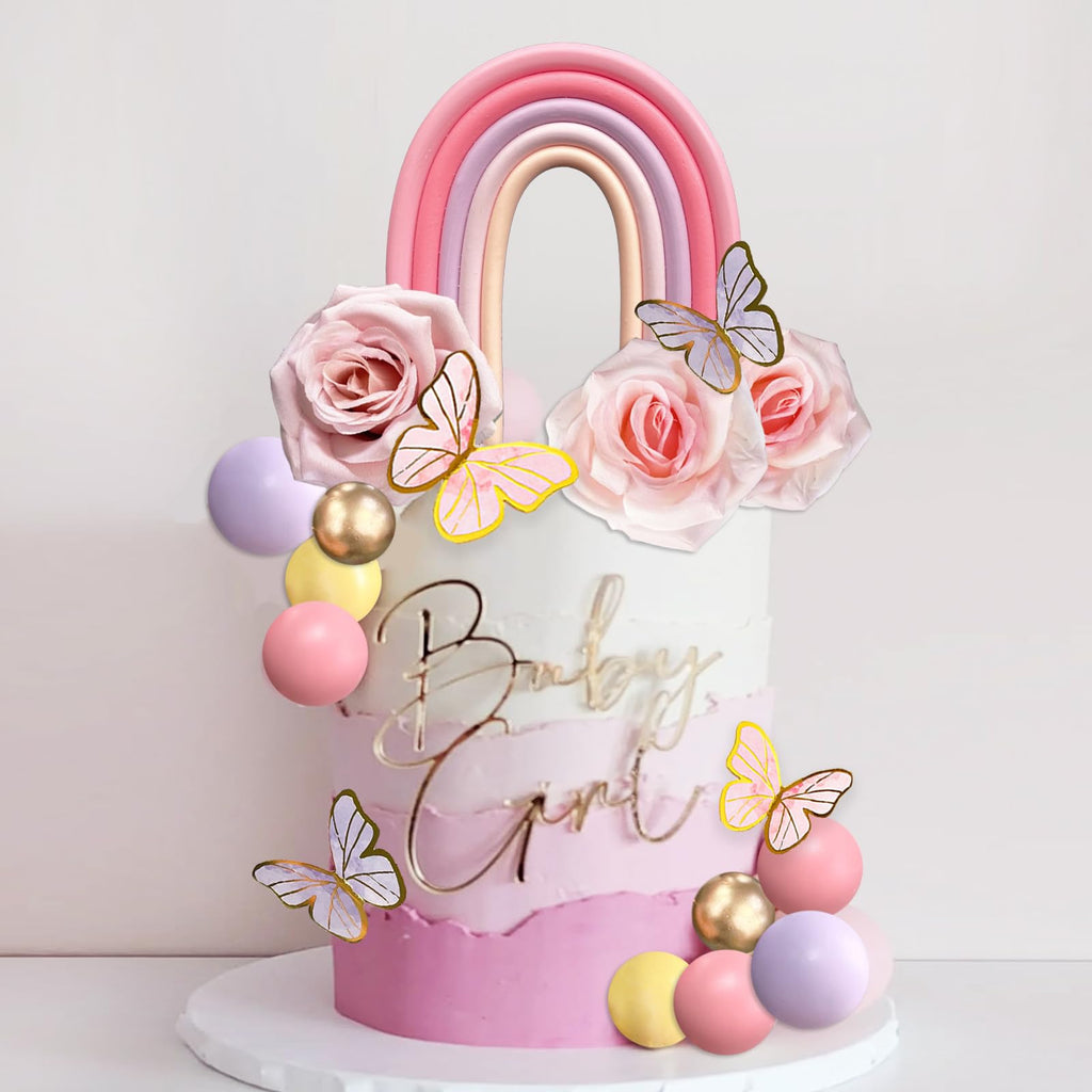 52-Piece Rainbow Cake Topper Set with Butterflies, Balls & Flowers – SONICEBUY Party Decorations