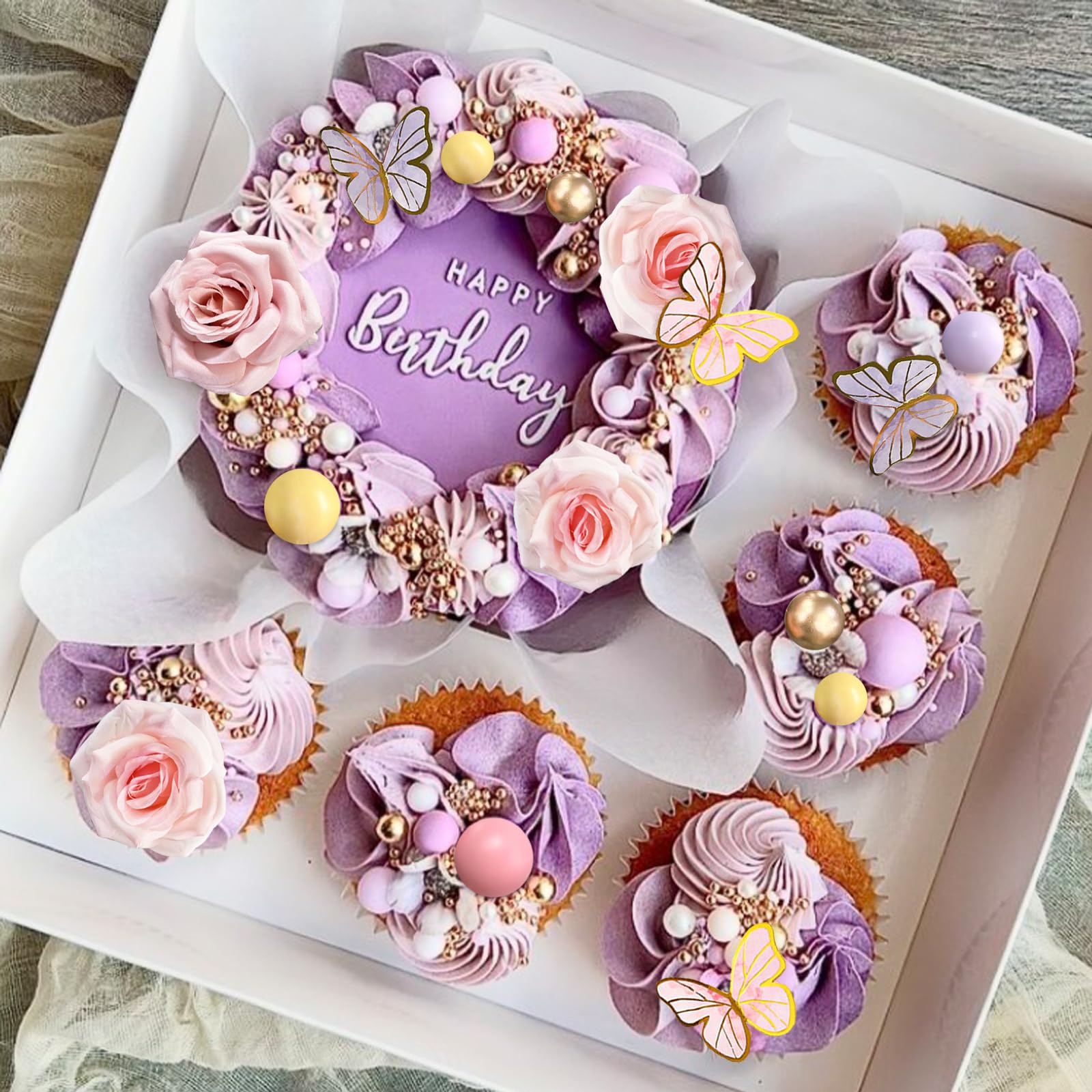 52-Piece Rainbow Cake Topper Set with Butterflies, Balls & Flowers – SONICEBUY Party Decorations