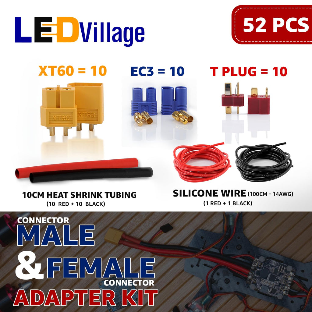 52pcs T-Plug XT60 EC3 Connector Kit with 14 AWG Silicone Wire & Heat Shrink for RC LiPo Batteries