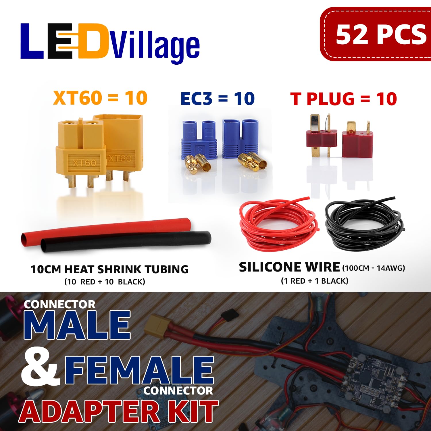 52pcs T-Plug XT60 EC3 Connector Kit with 14 AWG Silicone Wire & Heat Shrink for RC LiPo Batteries
