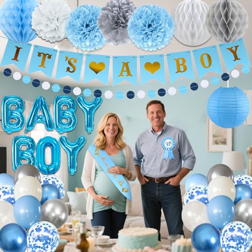 54-Piece Blue Baby Shower Decorations Set for Boy - Bolake It's a Boy Banner, Foil Balloons, Mom to Be Sash, Dad to Be Pin & More for Gender Reveal