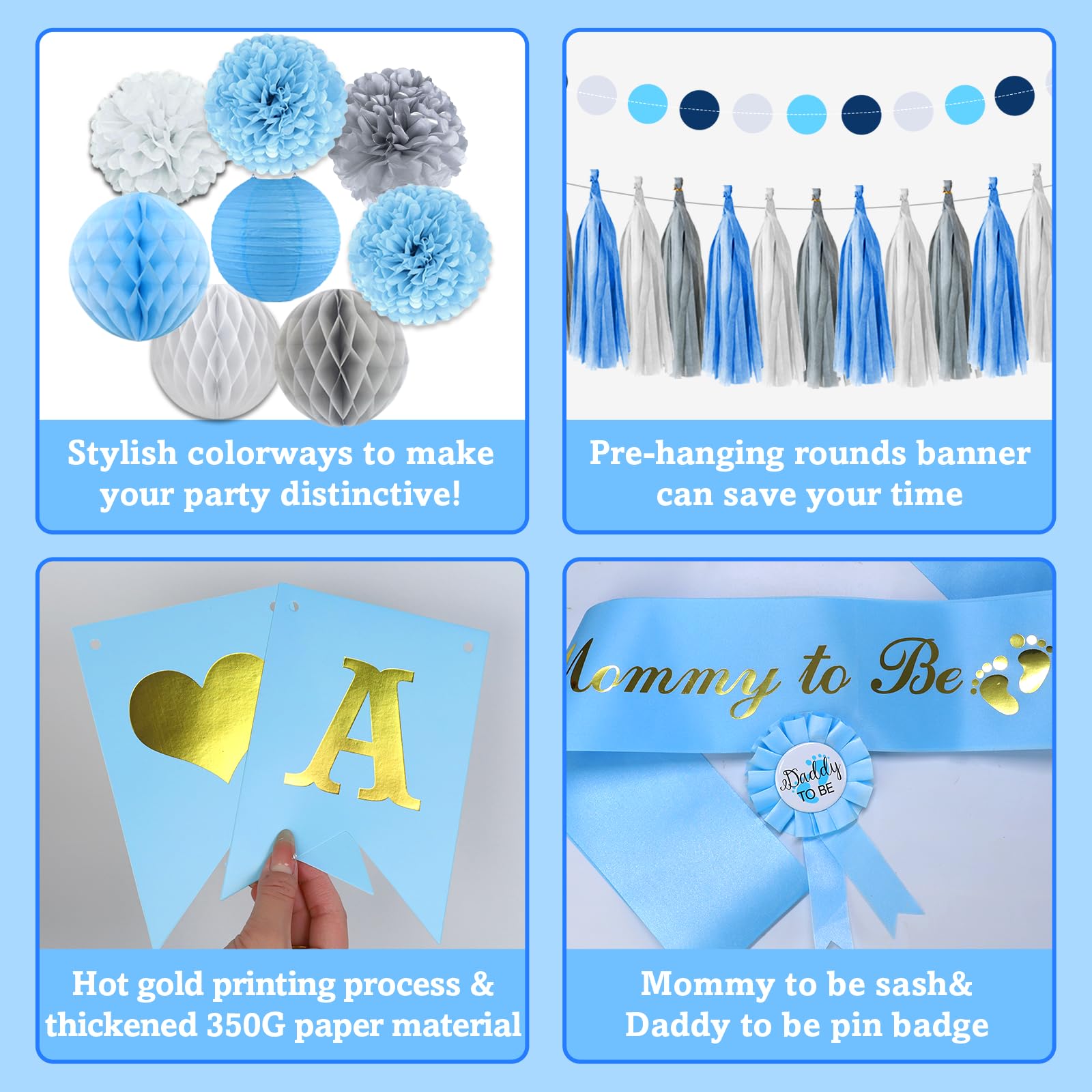 54-Piece Blue Baby Shower Decorations Set for Boy - Bolake It's a Boy Banner, Foil Balloons, Mom to Be Sash, Dad to Be Pin & More for Gender Reveal