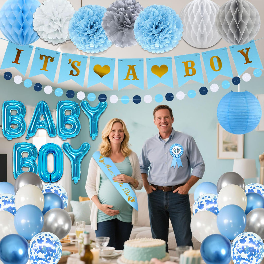 54-Piece Blue Baby Shower Decorations Set for Boy - Bolake It's a Boy Banner, Foil Balloons, Mom to Be Sash, Dad to Be Pin & More for Gender Reveal