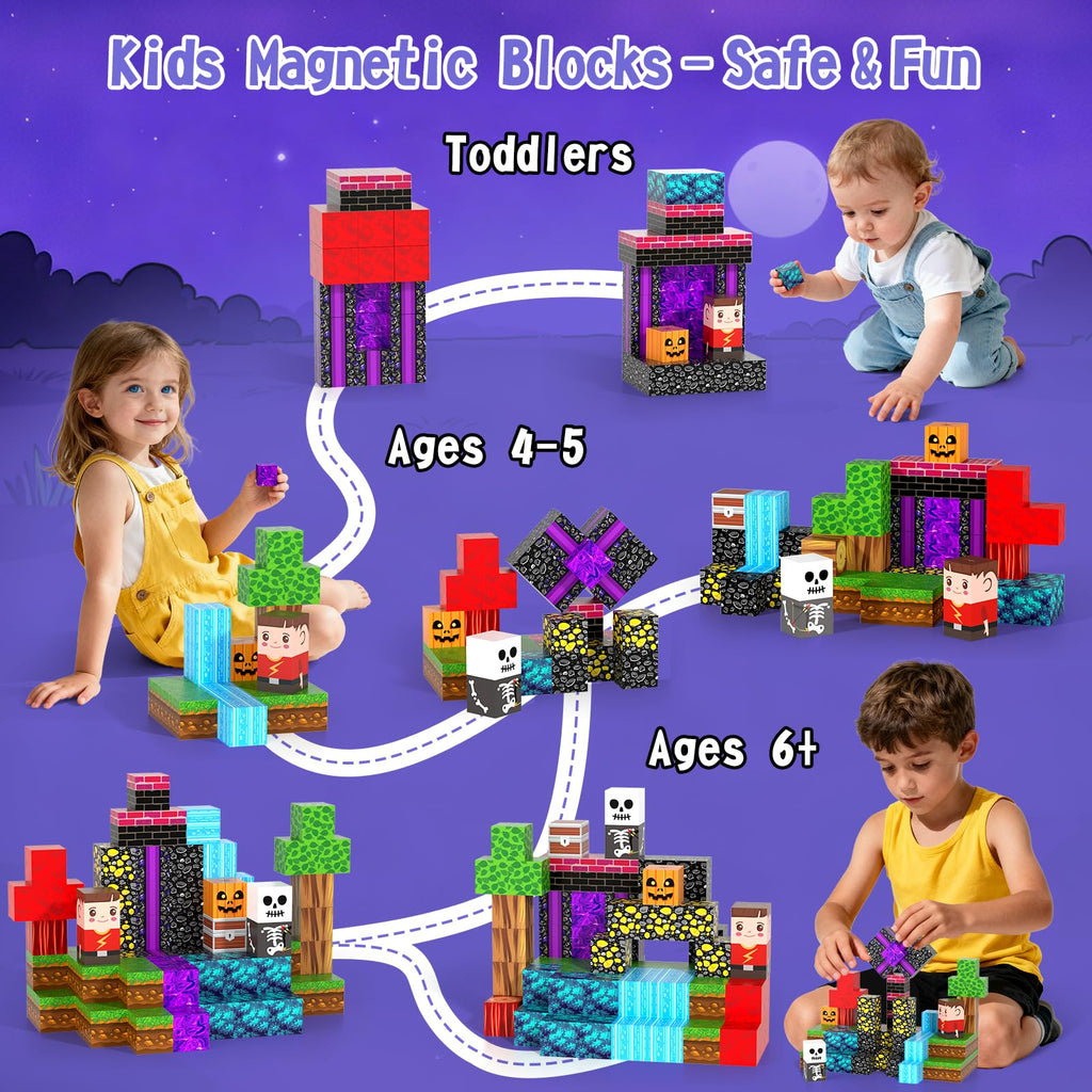 54-Piece Travel Magnetic Blocks Set with Metal Storage Box - STEM Building Toys for Kids Ages 3+