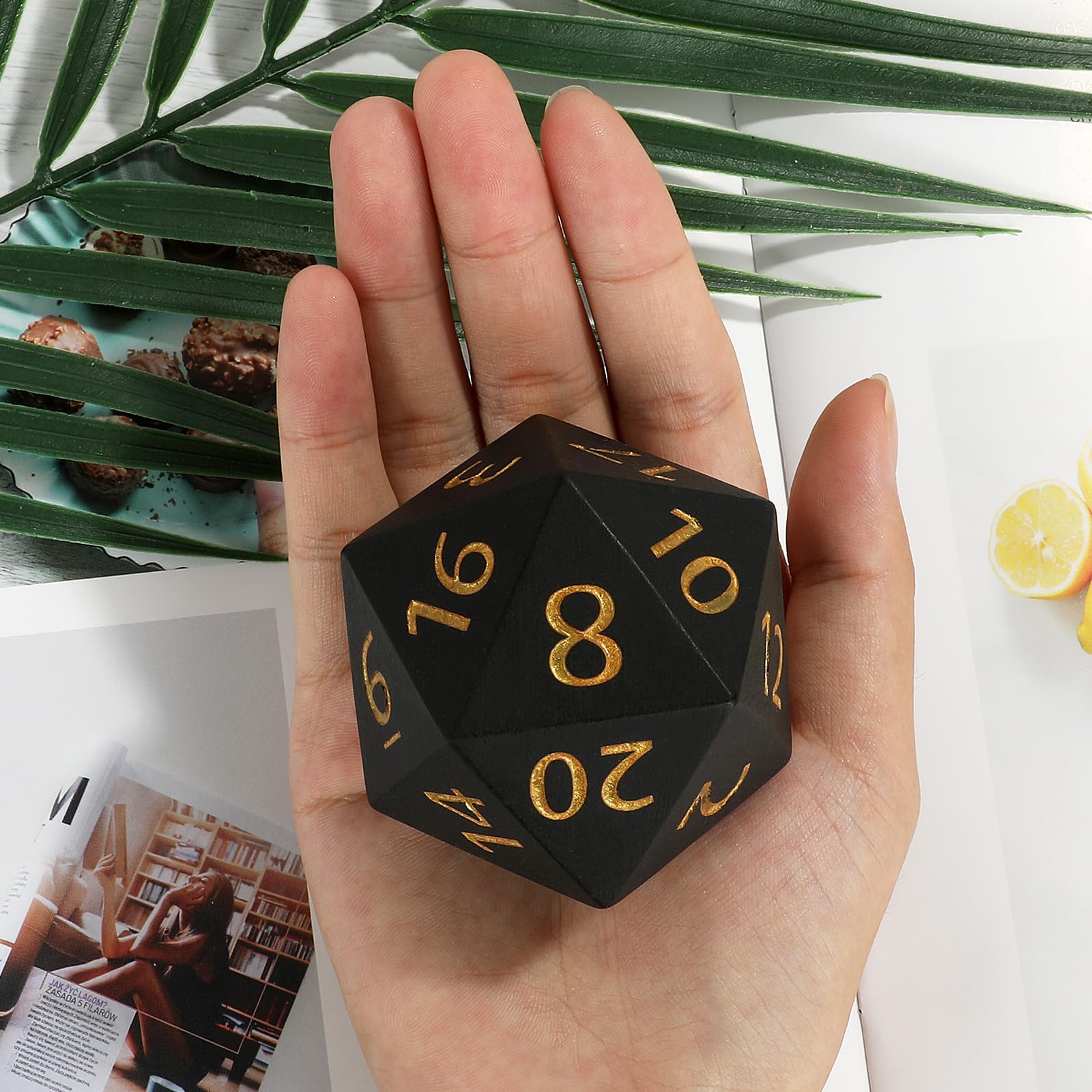 55mm Giant D20 Dice – Oversized 20-Sided Resin Die with Gold Engraved Numbers and Velvet Pouch for RPG Tabletop Games (Black)