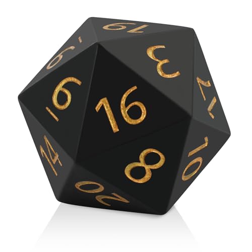 55mm Giant D20 Dice – Oversized 20-Sided Resin Die with Gold Engraved Numbers and Velvet Pouch for RPG Tabletop Games (Black)