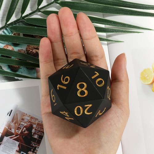 55mm Giant D20 Dice – Oversized 20-Sided Resin Die with Gold Engraved Numbers and Velvet Pouch for RPG Tabletop Games (Black)