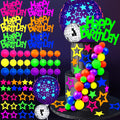 56-Piece Glow Cake Topper Set – UV Reactive Neon Stars, Balls & Happy Birthday Decorations for Black Light Parties