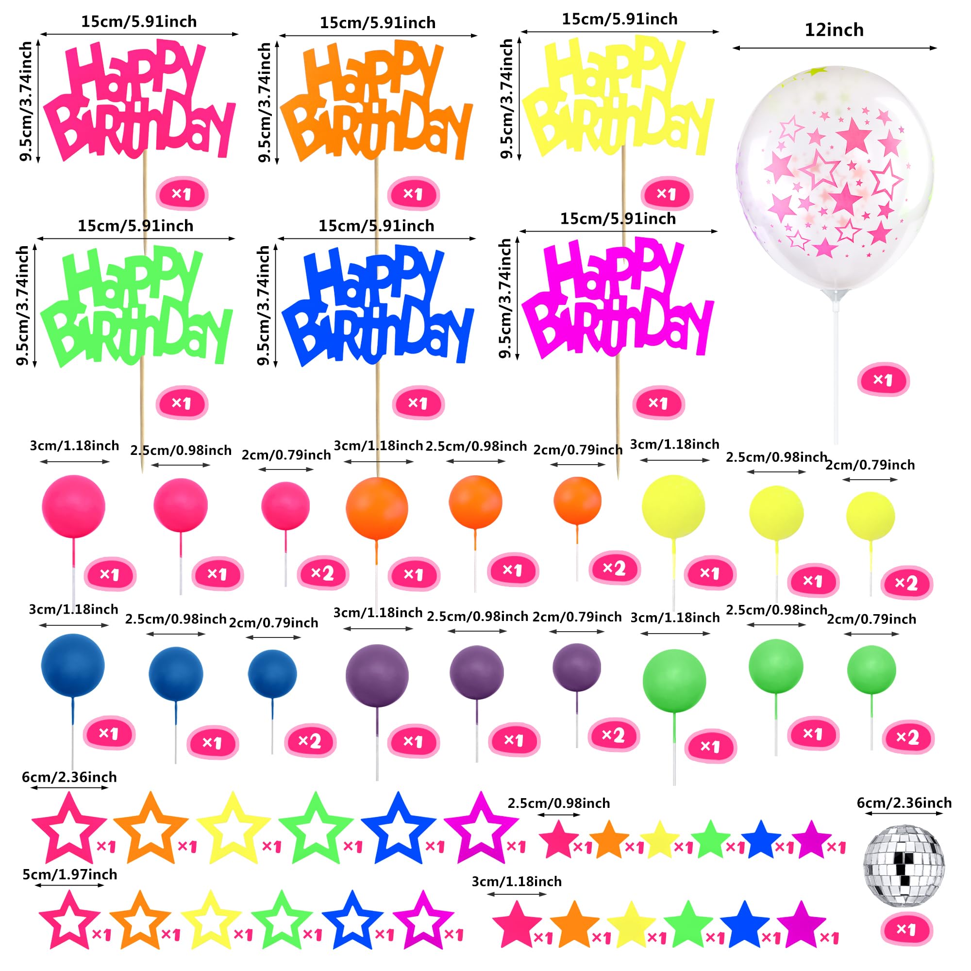 56-Piece Glow Cake Topper Set – UV Reactive Neon Stars, Balls & Happy Birthday Decorations for Black Light Parties