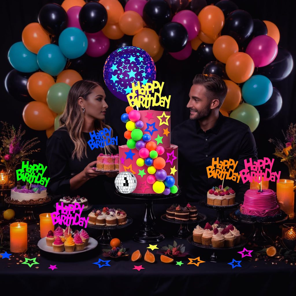 56-Piece Glow Cake Topper Set – UV Reactive Neon Stars, Balls & Happy Birthday Decorations for Black Light Parties