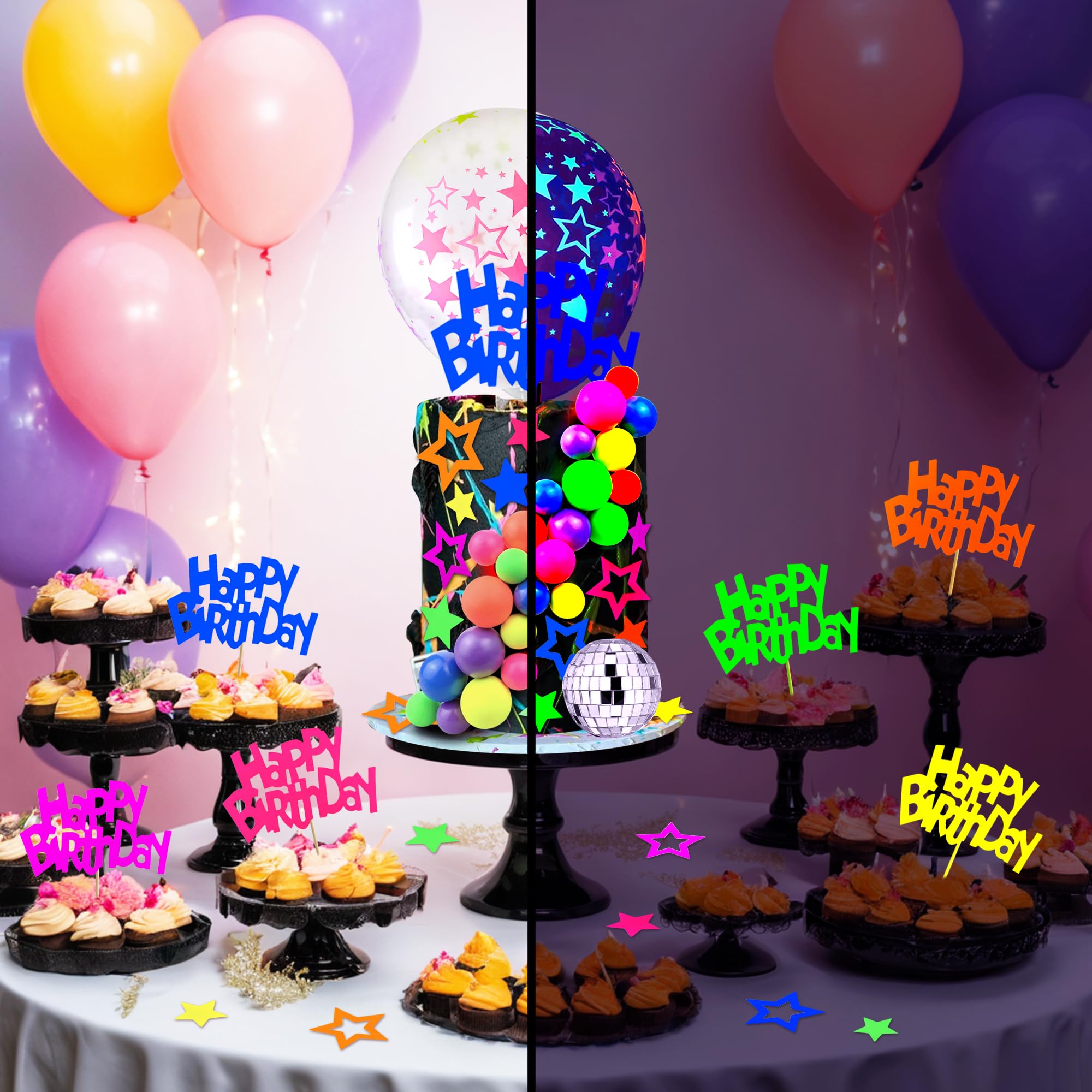 56-Piece Glow Cake Topper Set – UV Reactive Neon Stars, Balls & Happy Birthday Decorations for Black Light Parties