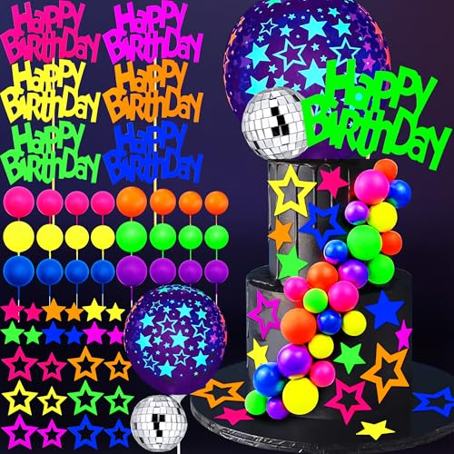 56-Piece Glow Cake Topper Set – UV Reactive Neon Stars, Balls & Happy Birthday Decorations for Black Light Parties