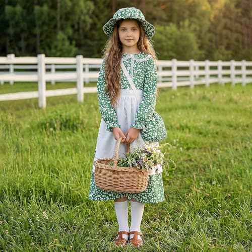 5pcs Girls Pioneer Costume Set - Floral Prairie Dress with Apron, Bonnet, Crossbody Bag, and Calf Socks