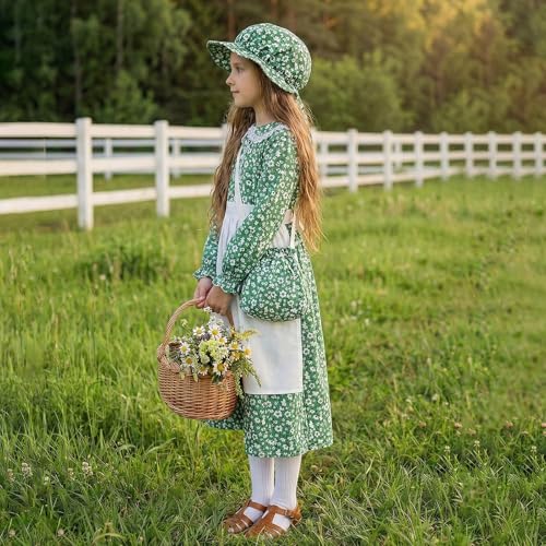 5pcs Girls Pioneer Costume Set - Floral Prairie Dress with Apron, Bonnet, Crossbody Bag, and Calf Socks