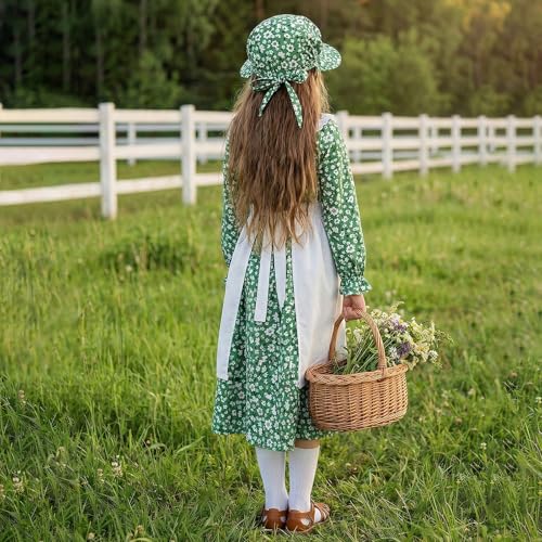 5pcs Girls Pioneer Costume Set - Floral Prairie Dress with Apron, Bonnet, Crossbody Bag, and Calf Socks