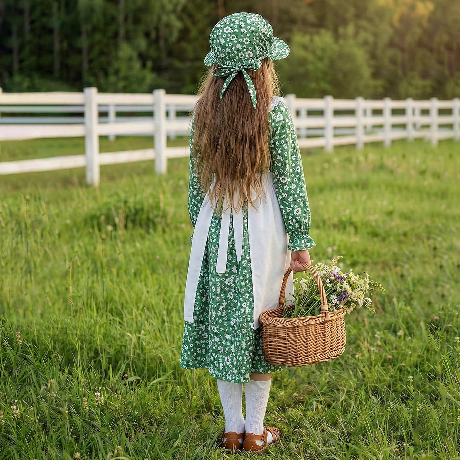 5pcs Girls Pioneer Costume Set - Floral Prairie Dress with Apron, Bonnet, Crossbody Bag, and Calf Socks