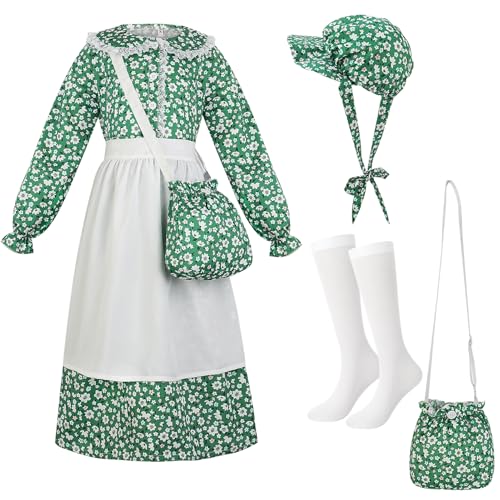 5pcs Girls Pioneer Costume Set - Floral Prairie Dress with Apron, Bonnet, Crossbody Bag, and Calf Socks