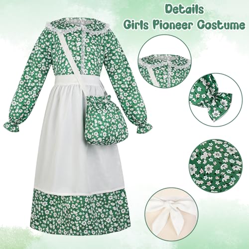 5pcs Girls Pioneer Costume Set - Floral Prairie Dress with Apron, Bonnet, Crossbody Bag, and Calf Socks