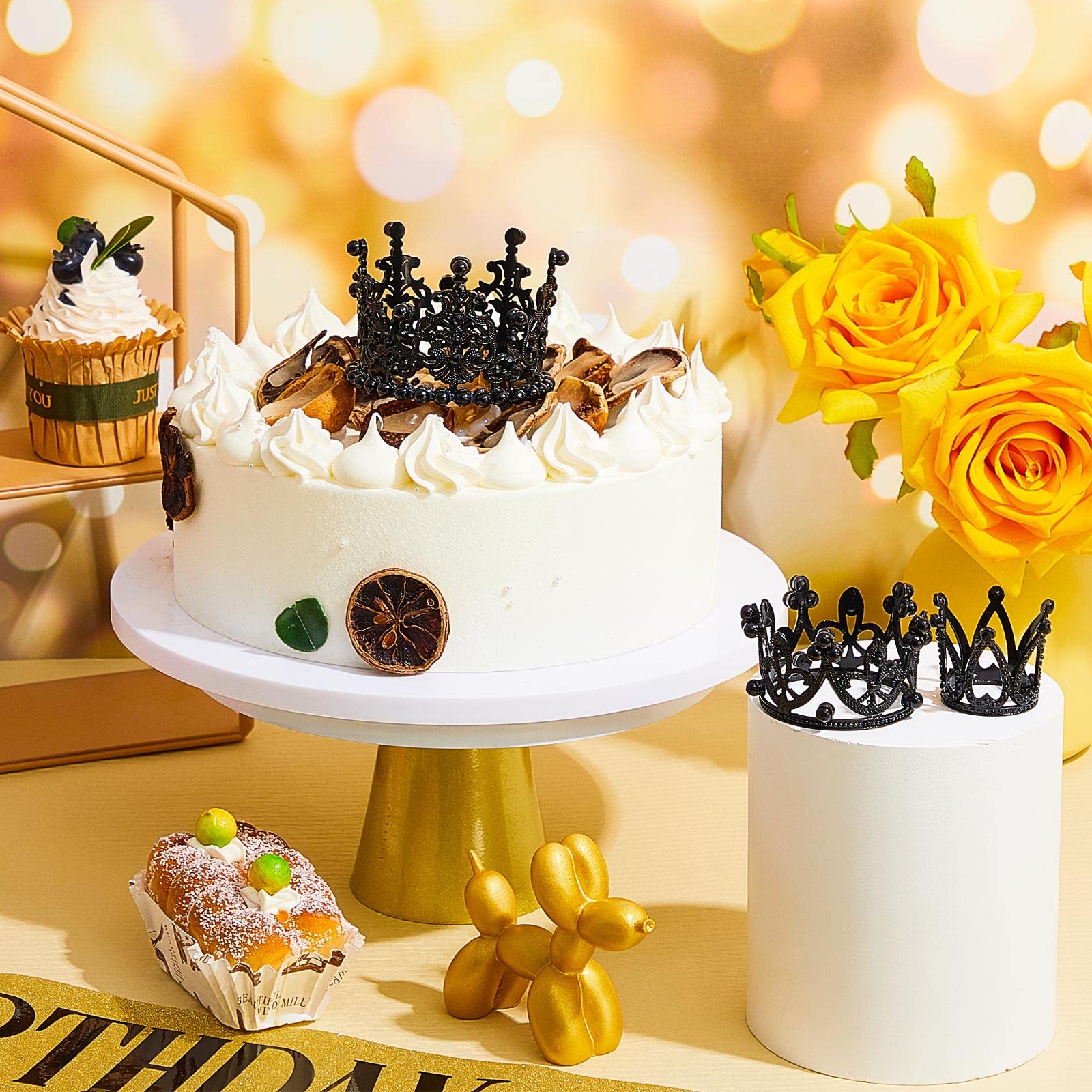 6 Black Pearl and Rhinestone Crown Cake Toppers - Small Tiara Decorations for Birthday, Wedding, Baby Shower Parties
