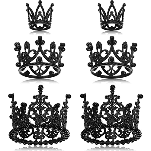 6 Black Pearl and Rhinestone Crown Cake Toppers - Small Tiara Decorations for Birthday, Wedding, Baby Shower Parties