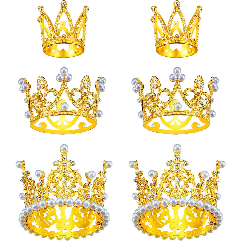 6 Gold Crown Cake Toppers with Pearls & Rhinestones – 3 Sizes for Birthday Wedding Baby Shower