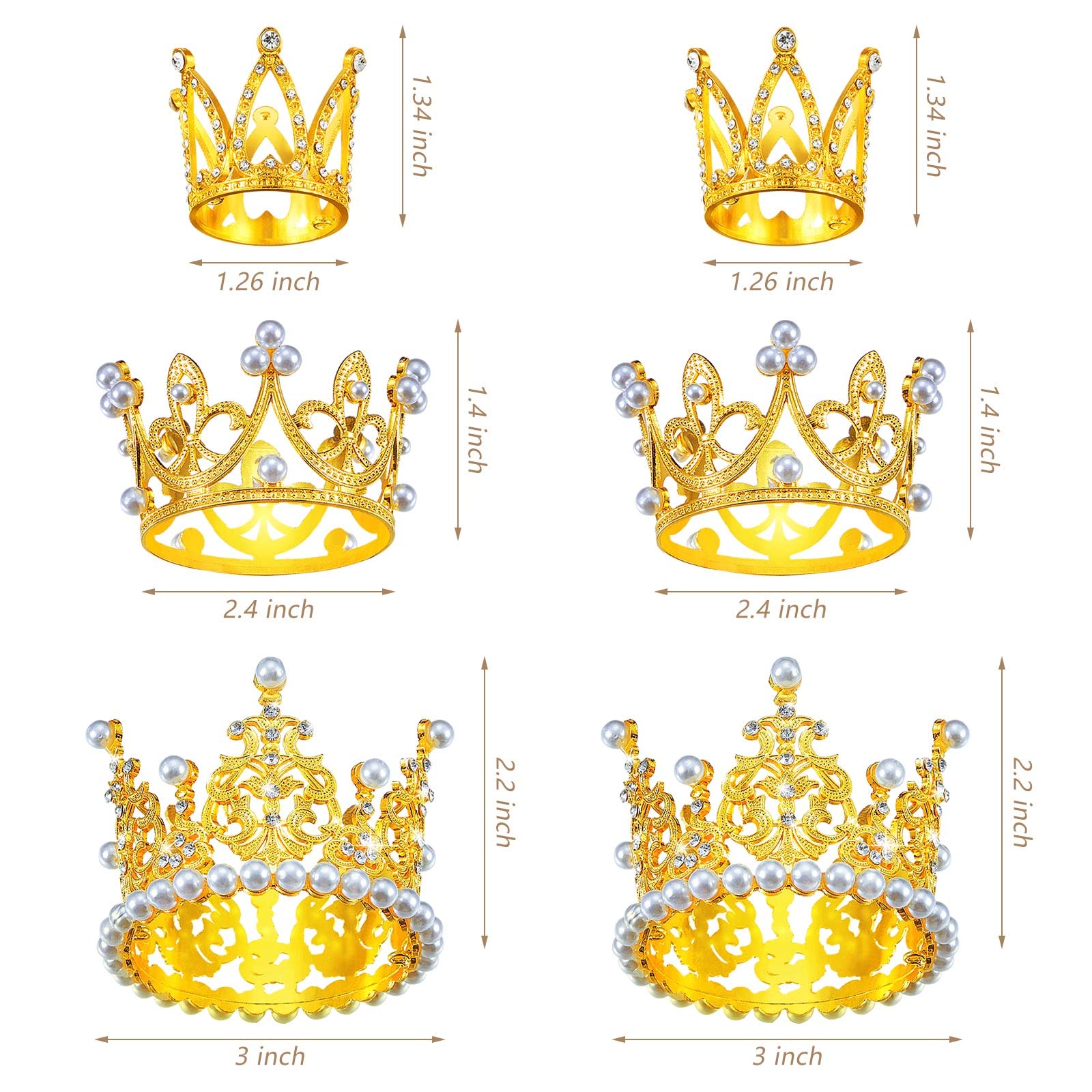 6 Gold Crown Cake Toppers with Pearls & Rhinestones – 3 Sizes for Birthday Wedding Baby Shower