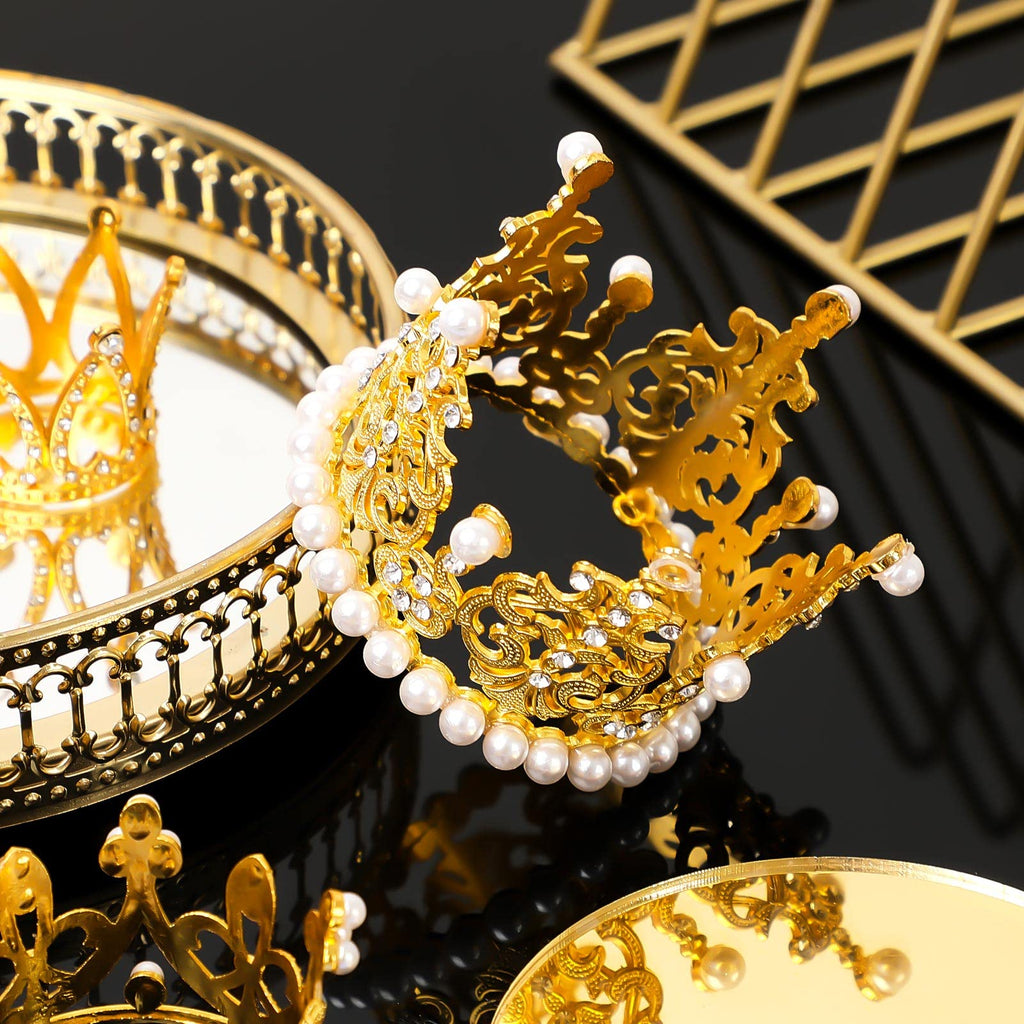 6 Gold Crown Cake Toppers with Pearls & Rhinestones – 3 Sizes for Birthday Wedding Baby Shower