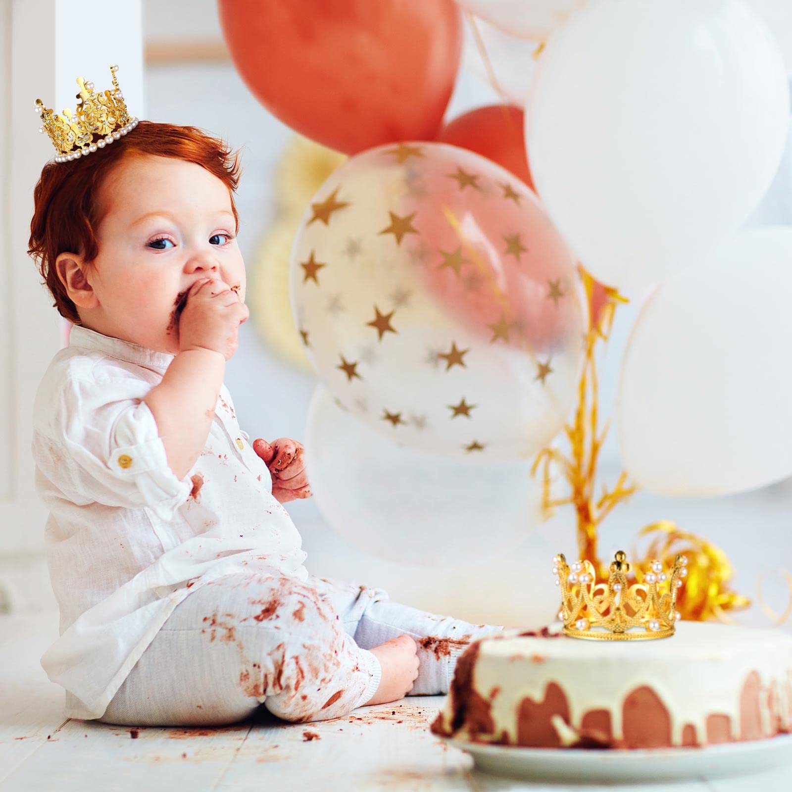 6 Gold Crown Cake Toppers with Pearls & Rhinestones – 3 Sizes for Birthday Wedding Baby Shower