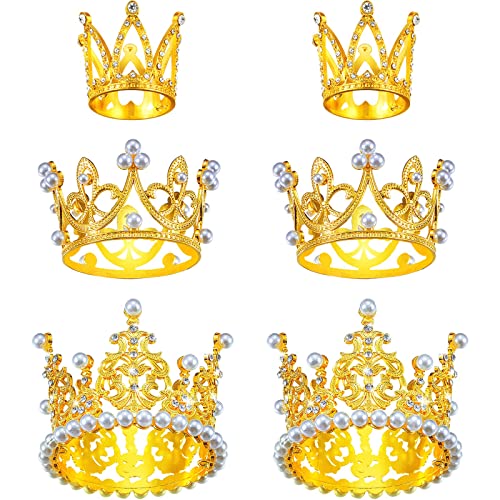 6 Gold Crown Cake Toppers with Pearls & Rhinestones – 3 Sizes for Birthday Wedding Baby Shower