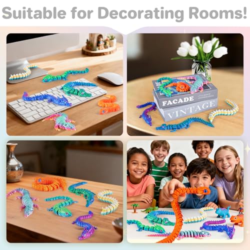 6 Large Articulated 3D Printed Animals – Dragon, Snake, Crocodile, Gecko, Lizard & Caterpillar Fidget Toys by 3Dgenius
