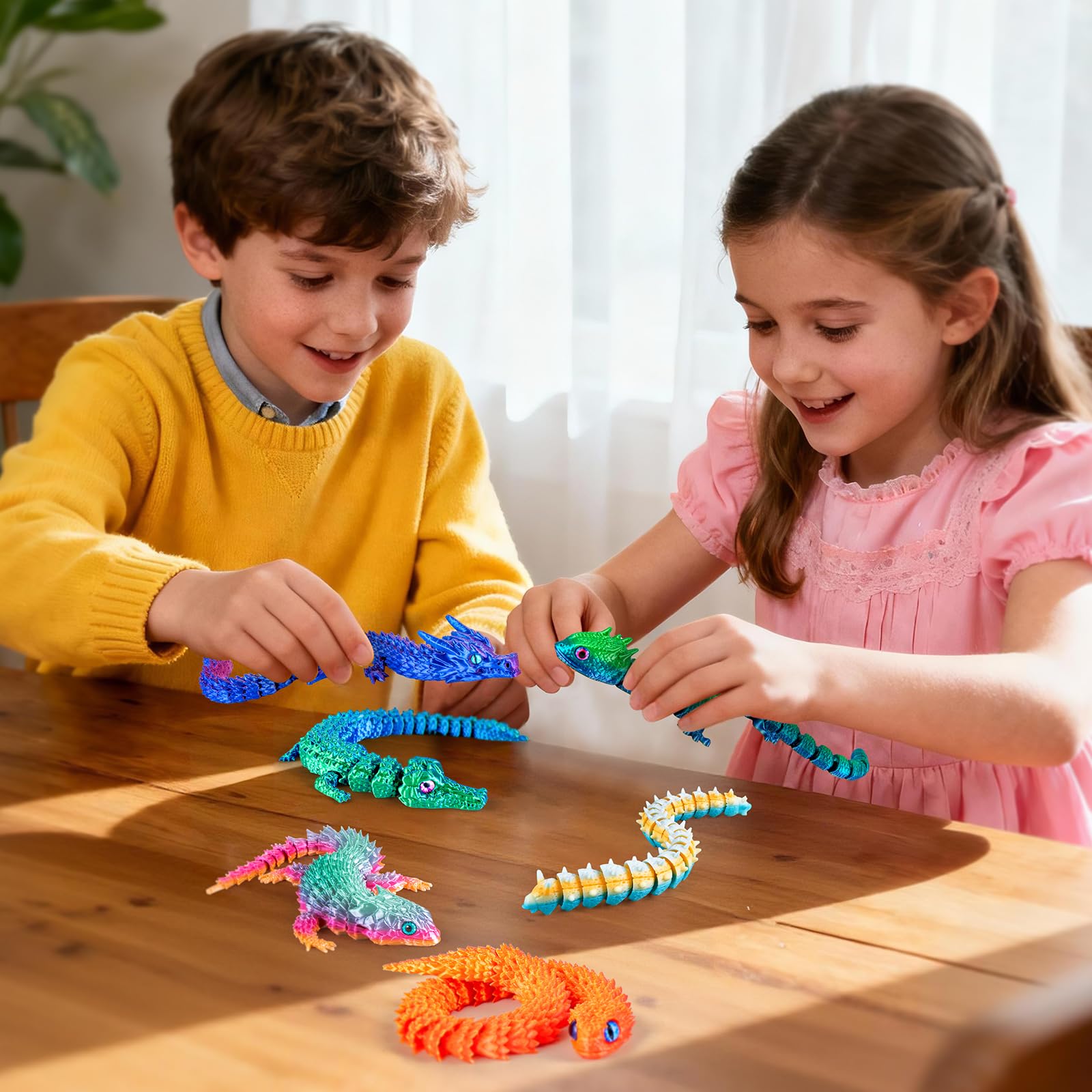 6 Large Articulated 3D Printed Animals – Dragon, Snake, Crocodile, Gecko, Lizard & Caterpillar Fidget Toys by 3Dgenius