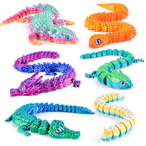 6 Large Articulated 3D Printed Animals – Dragon, Snake, Crocodile, Gecko, Lizard & Caterpillar Fidget Toys by 3Dgenius