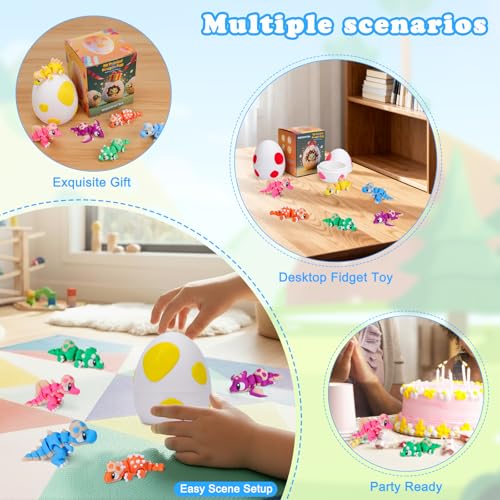 6-Pack 3D Printed Dinosaur Eggs with Articulated Mini Dinosaurs Inside – T-Rex, Triceratops, Stegosaurus, Spinosaurus, Ankylosaurus, Pterosaur – Fidget Toy & Easter Basket Stuffer
