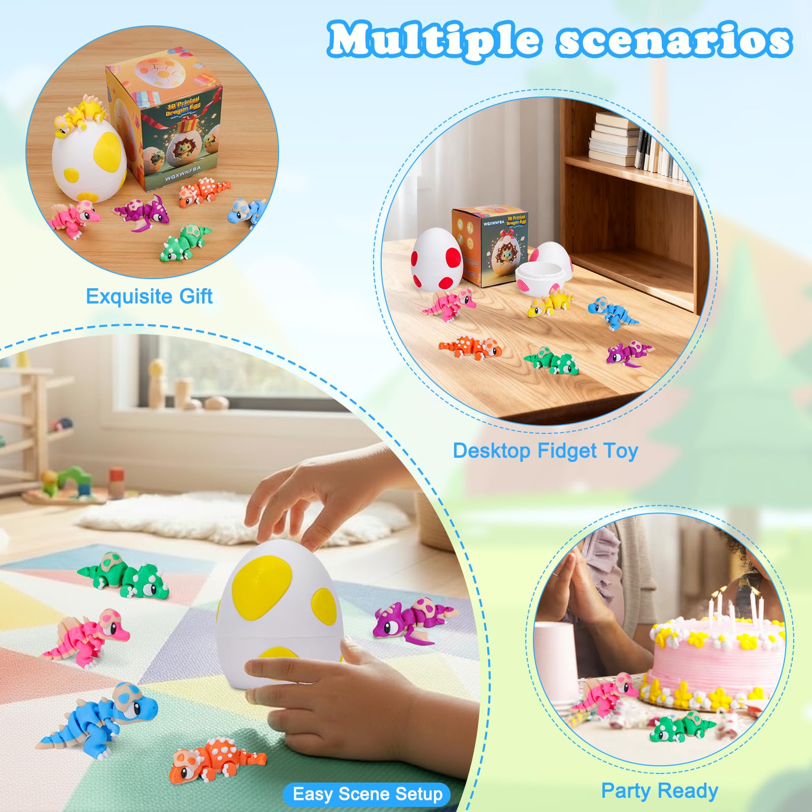 6-Pack 3D Printed Dinosaur Eggs with Articulated Mini Dinosaurs Inside – T-Rex, Triceratops, Stegosaurus, Spinosaurus, Ankylosaurus, Pterosaur – Fidget Toy & Easter Basket Stuffer