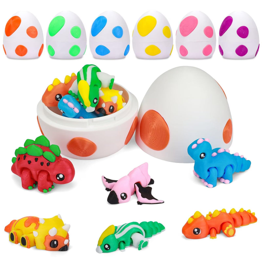 6-Pack 3D Printed Rainbow Dinosaurs with Dragon Egg – Articulated Miniature Figurines for Fidgeting, Collection, and Party Favors