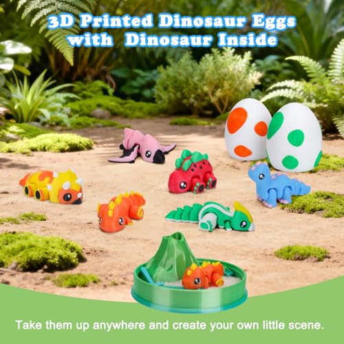 6-Pack 3D Printed Rainbow Dinosaurs with Dragon Egg – Articulated Miniature Figurines for Fidgeting, Collection, and Party Favors