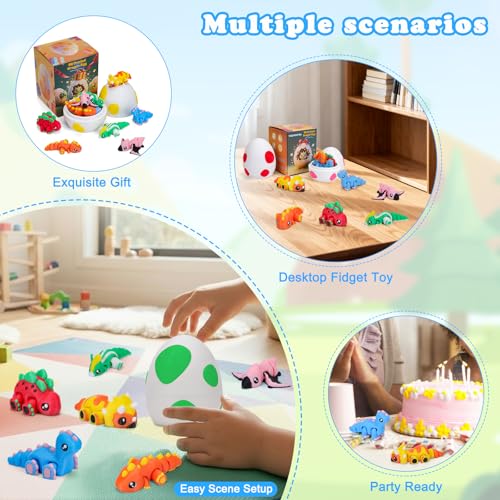 6-Pack 3D Printed Rainbow Dinosaurs with Dragon Egg – Articulated Miniature Figurines for Fidgeting, Collection, and Party Favors