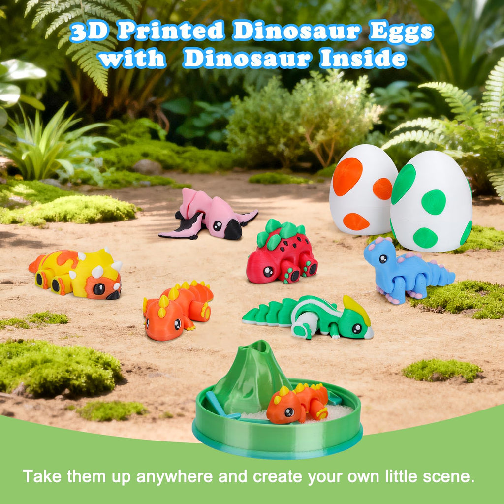6-Pack 3D Printed Rainbow Dinosaurs with Dragon Egg – Articulated Miniature Figurines for Fidgeting, Collection, and Party Favors