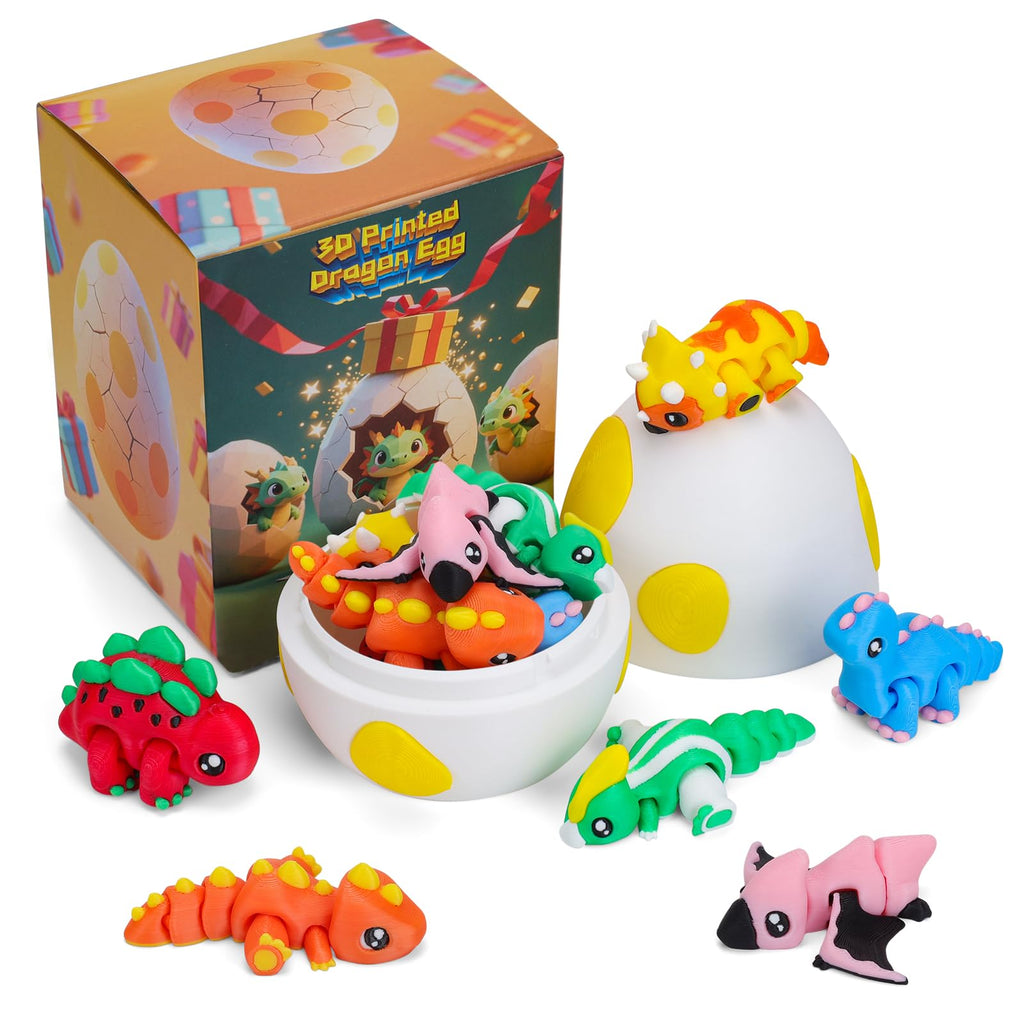 6-Pack 3D Printed Rainbow Dinosaurs with Dragon Egg – Articulated Miniature Figurines for Fidgeting, Collection, and Party Favors