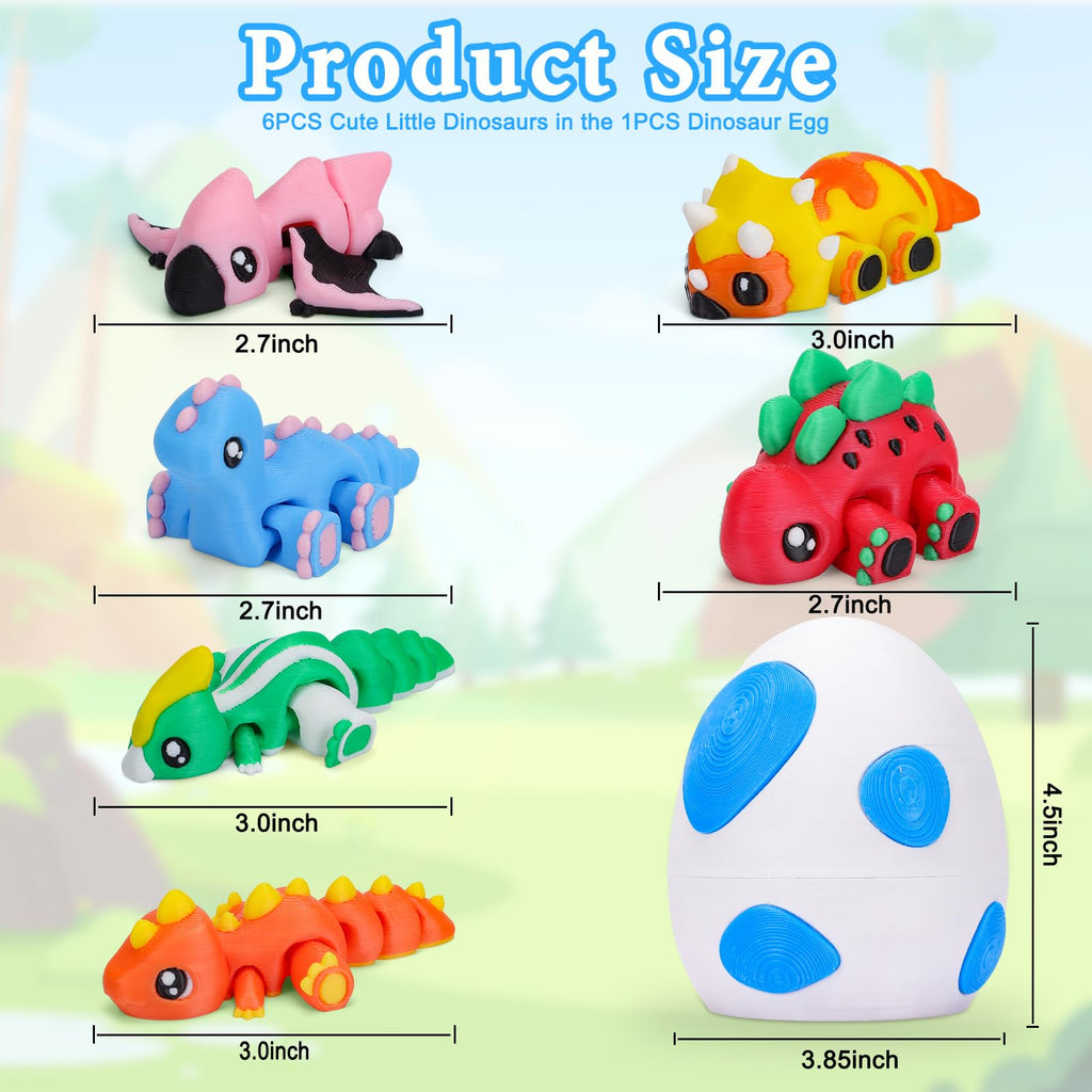 6-Pack 3D Printed Rainbow Dinosaurs with Dragon Egg – Articulated Miniature Figurines for Fidgeting, Collection, and Party Favors