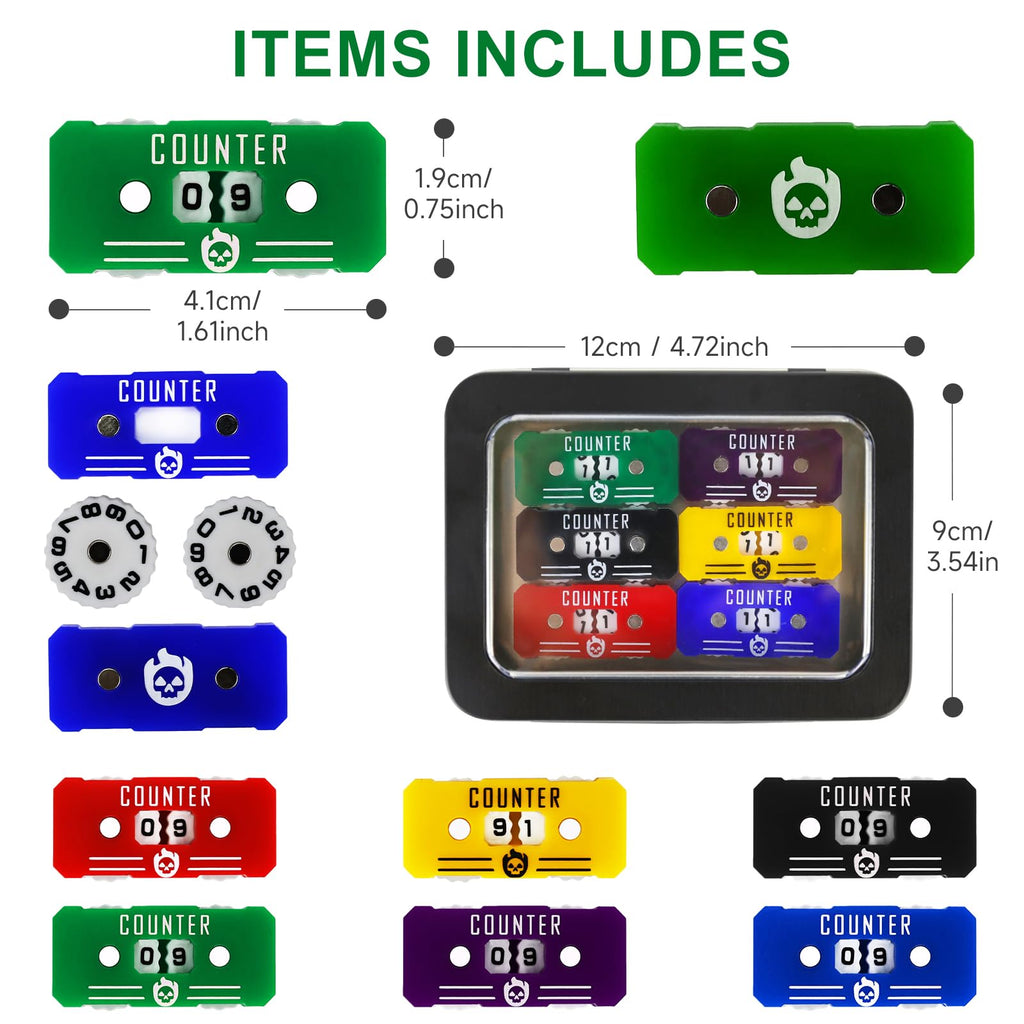 6-Pack Acrylic Life Counter Set with Magnetic Dial and Metal Box for MTG D&D Tabletop Games