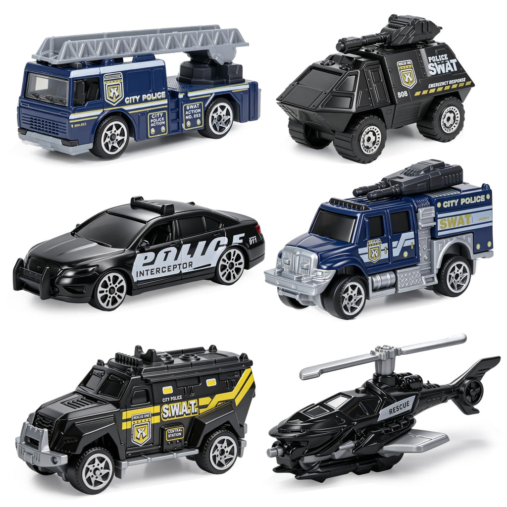 6-Pack Diecast Police Car Toy Set – Mini Alloy Models for Boys 3-7, Armored Vehicle, Rescue Truck, Military Helicopter