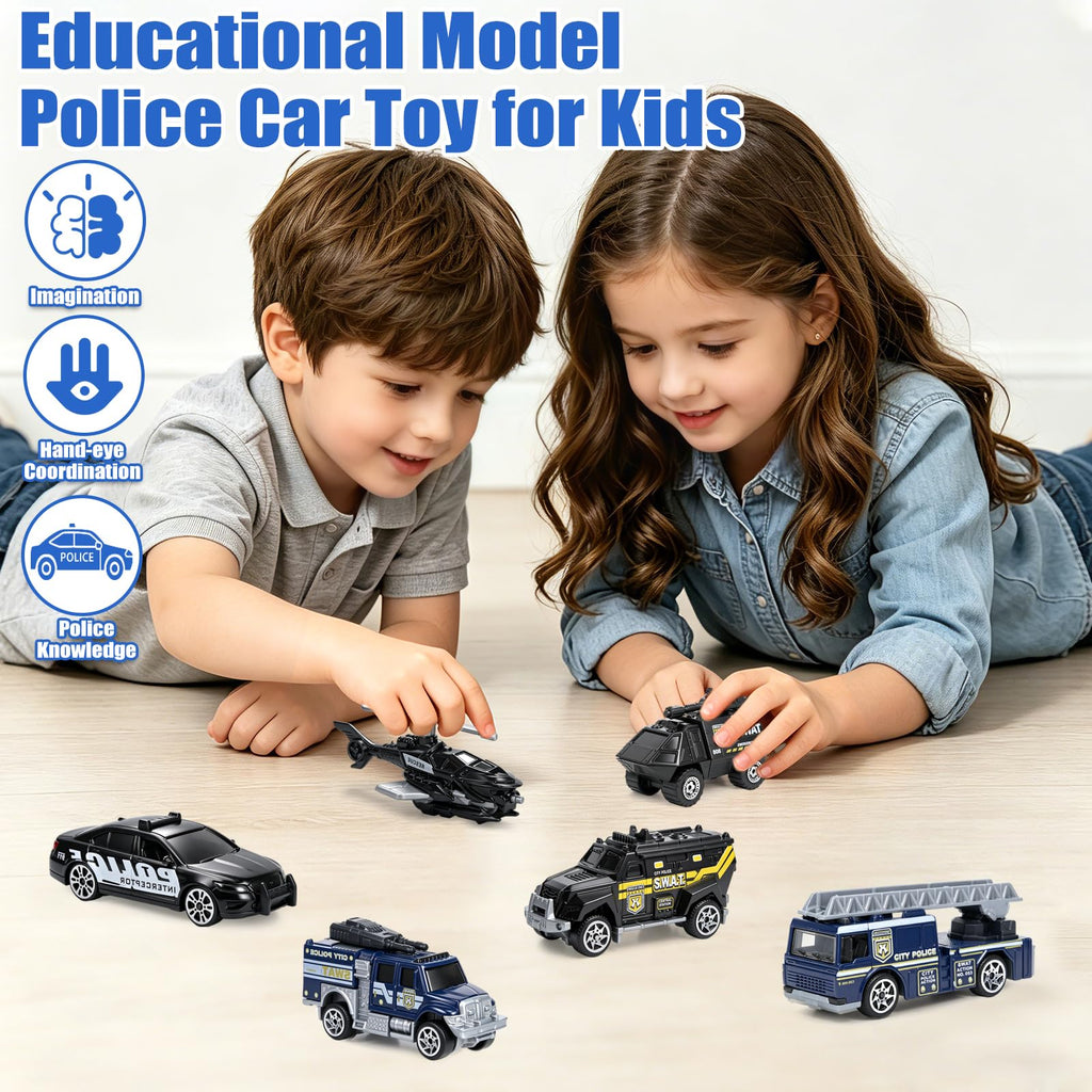 6-Pack Diecast Police Car Toy Set – Mini Alloy Models for Boys 3-7, Armored Vehicle, Rescue Truck, Military Helicopter