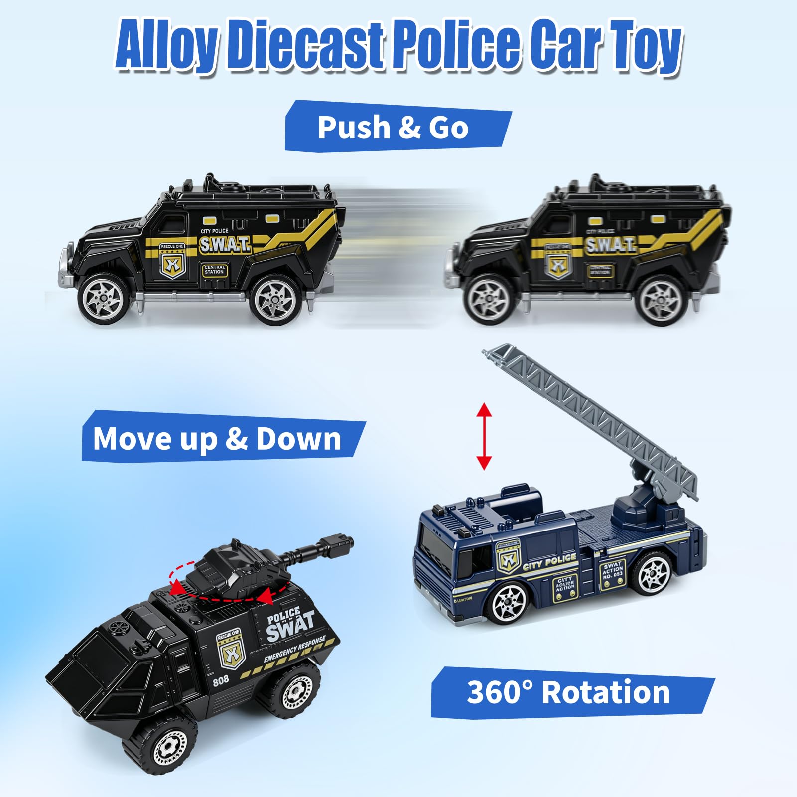 6-Pack Diecast Police Car Toy Set – Mini Alloy Models for Boys 3-7, Armored Vehicle, Rescue Truck, Military Helicopter