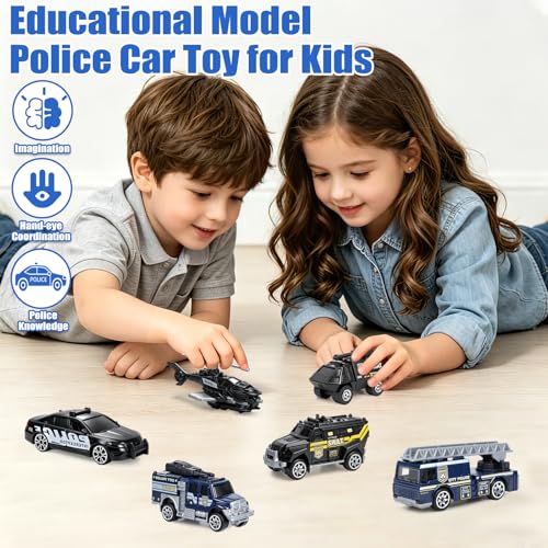 6-Pack Diecast Police Car Toy Set – Mini Alloy Models for Boys 3-7, Armored Vehicle, Rescue Truck, Military Helicopter