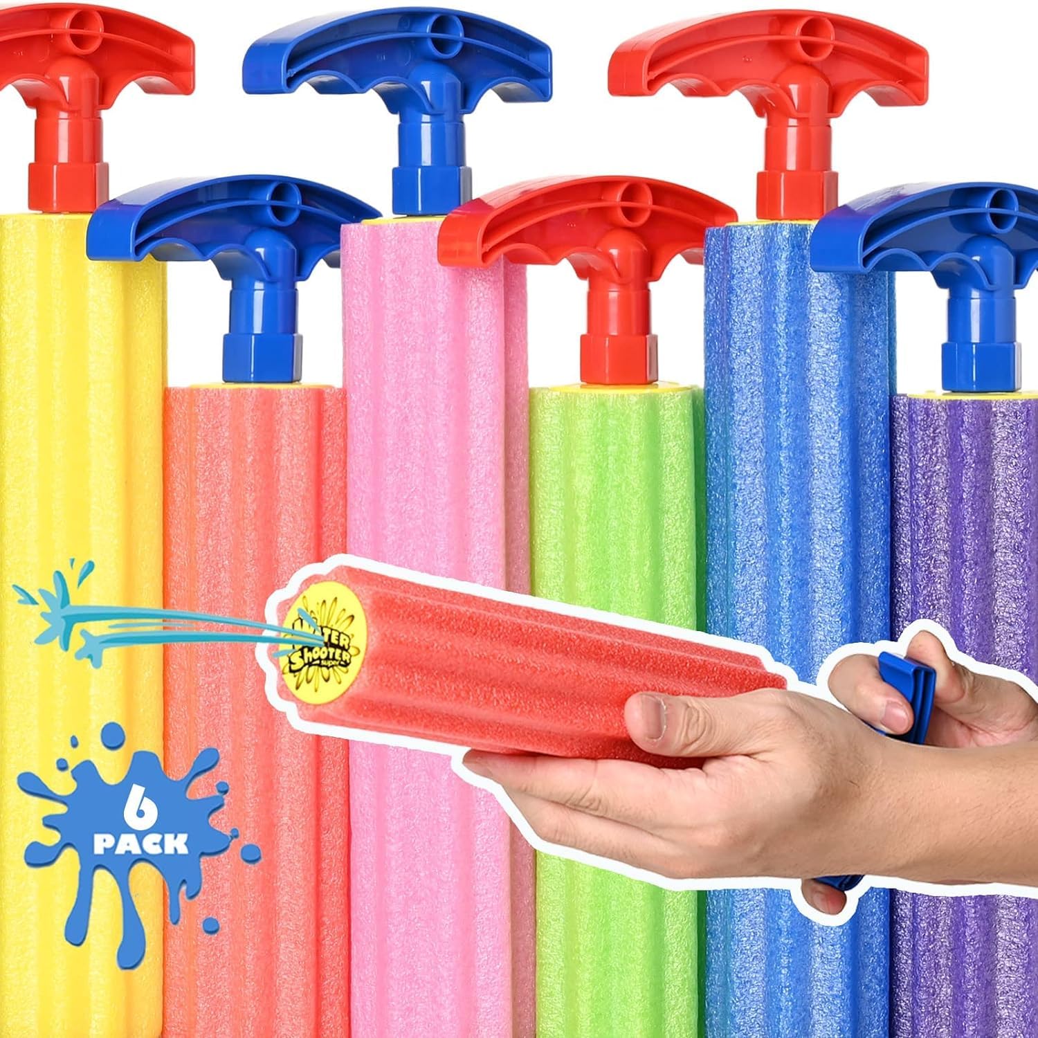6-Pack Foam Water Blaster Soaker Guns for Kids & Adults – 33ft Range, Soft Foam, Multicolored