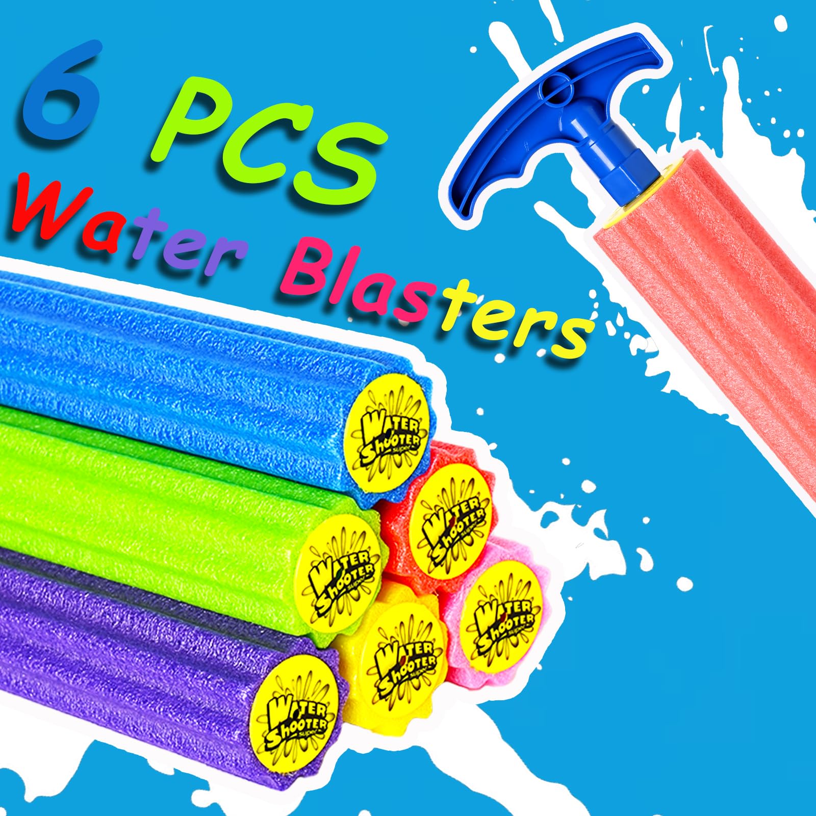 6-Pack Foam Water Blaster Soaker Guns for Kids & Adults – 33ft Range, Soft Foam, Multicolored